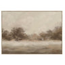 Framed, printed canvas with hand painted finish in dusk with trees and a misty sky.