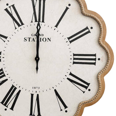 close up of scalloped border on large wall hanging clock