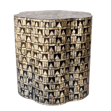 Scalloped side table with black, gold, and silver mother-of-pearl inlay