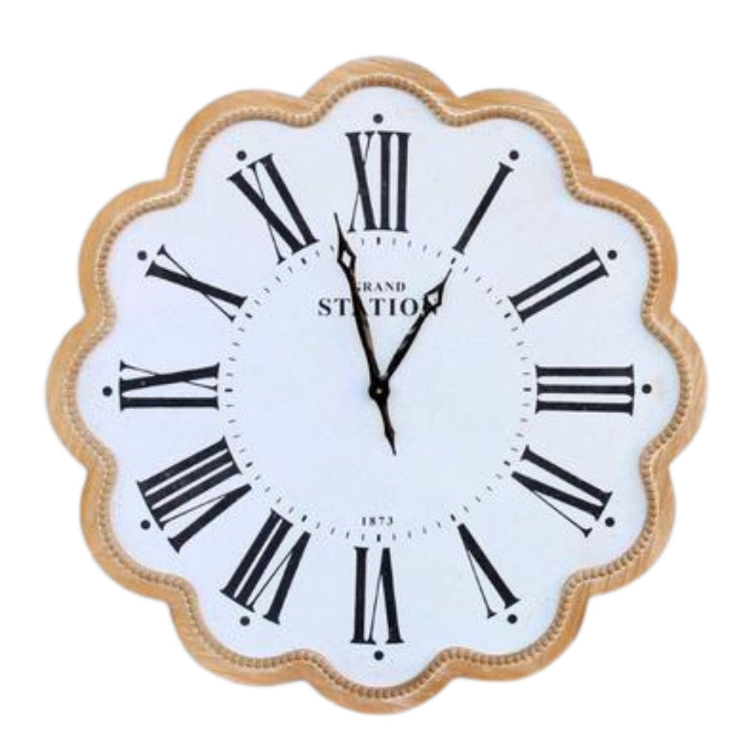 Scalloped Wall Clock with Roman numerals and elegant edge design. Available online at Woodka Interiors South Africa.