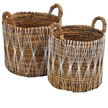 Handwoven decorative storage basket set with white string detailing and sturdy handles.