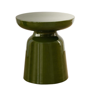High-gloss olive green enameled steel side table with a mushroom silhouette.