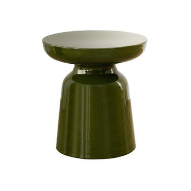 Cardamom Side Table in rich olive green featuring a glossy enamel finish and a modern mushroom silhouette.