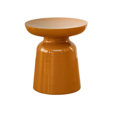 Saffron Side Table in mustard yellow featuring a glossy enamel finish and a modern mushroom silhouette.