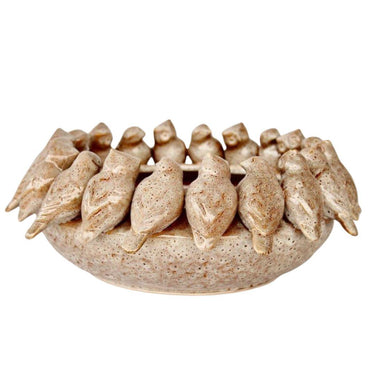Speckled ceramic bowl with bird accents facing inward