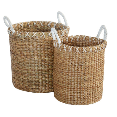 Set of two Hyacinth storage baskets with white handles and stitch detailing, perfect for organizing and decor.