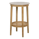 Stonesleigh round side table with mango wood frame with marble surface and rattan lower shelf