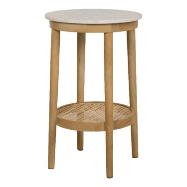 Stonesleigh round side table with mango wood frame with marble surface and rattan lower shelf