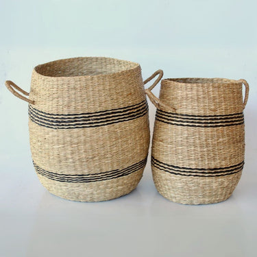 Decorative storage baskets with a striped seagrass design.