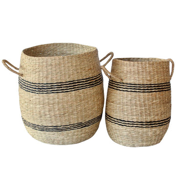 Seagrass baskets with black stripes and handles, set of 2