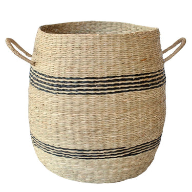 Woven seagrass baskets in a natural tone with bold black detailing.