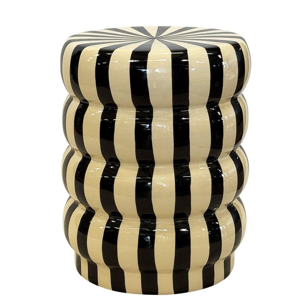 Striped Ceramic Side Table with black and cream stripes
