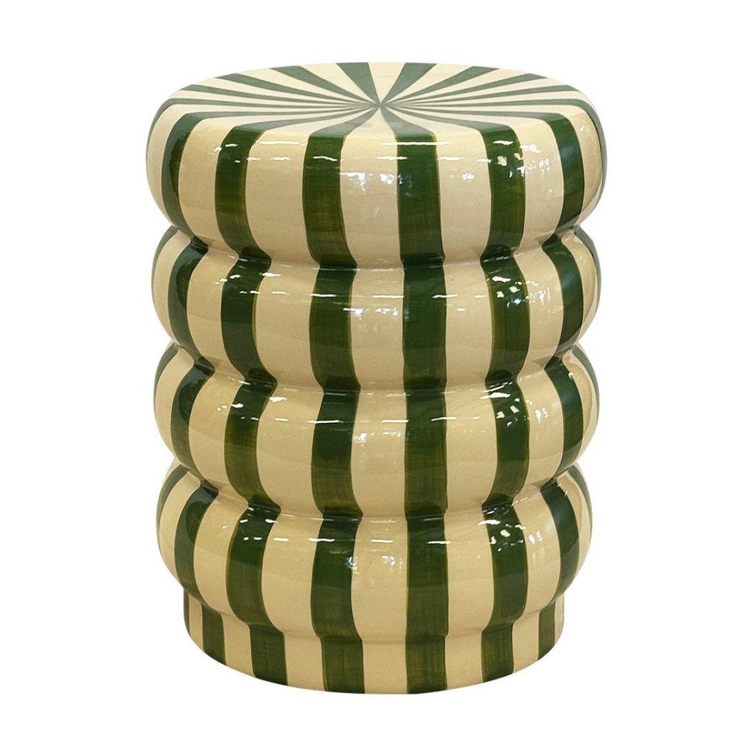 Striped Ceramic Side Table with green and cream stripes