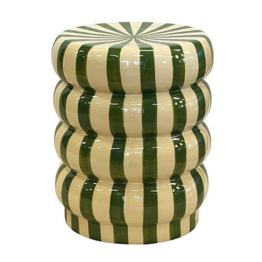 Striped Ceramic Side Table with green and cream stripes