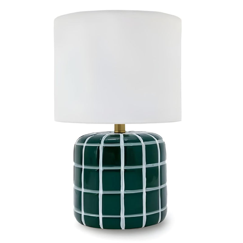 Tartan Table Lamp with a ceramic lamp base and brass finish.