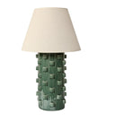 Table lamp with textured green base and beige lampshade