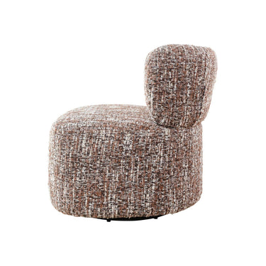 A modern low-profile swivel chair upholstered in a textured, heathered tweed fabric with a mix of brown, beige, and white threads, set against a plain white background.