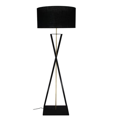 Twist Floor Lamp with black twisted metal base, gold tube, and black Hessian shade.