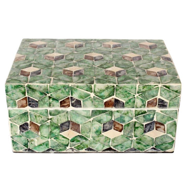 Verdance Decorative Box featuring a geometric green capiz shell design, perfect for coffee tables or shelves.