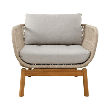 Modern outdoor teak occasional chair with olefin fabric seat