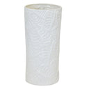 Crisp white ceramic umbrella stand with Monstera leaf design and glossy finish.