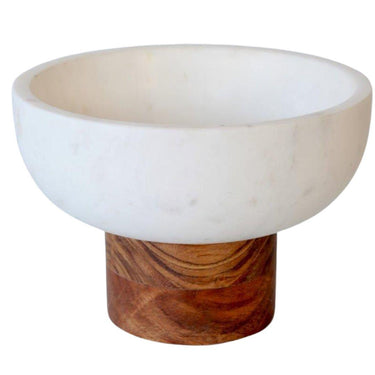 Full front view of white marble bowl on wooden base for countertop display