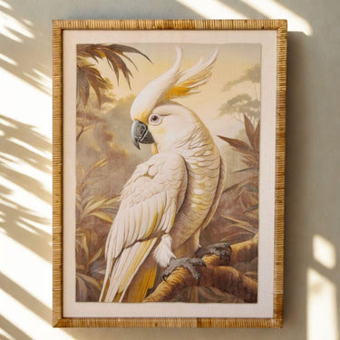 White Parrot Art in a Rattan Frame