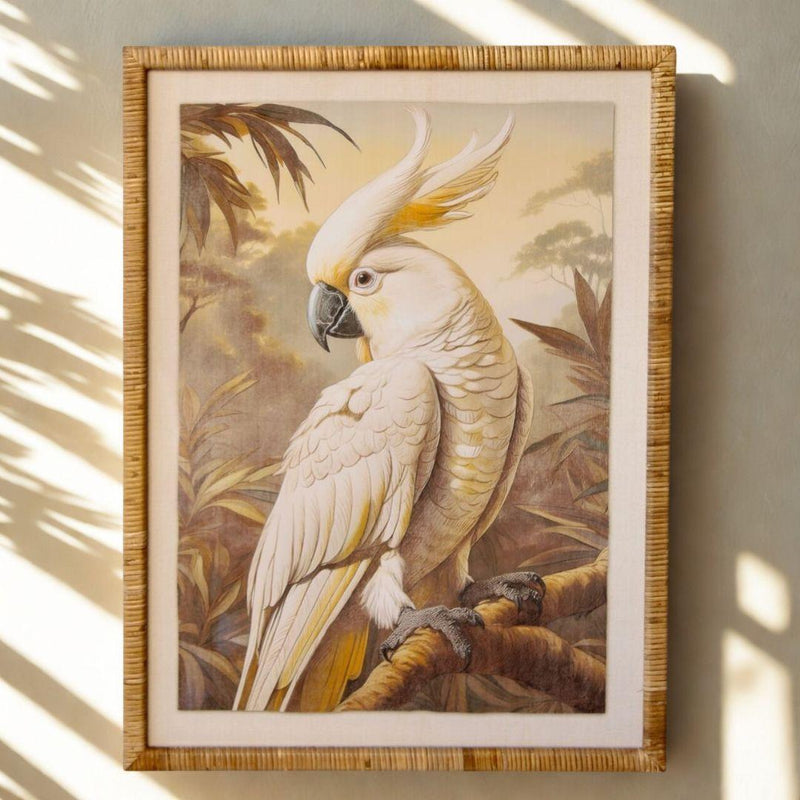 Large 80x60cm white parrot wall art  illustation encased in a ribbed rattan frame for a coastal living room or botanical gallery wall.