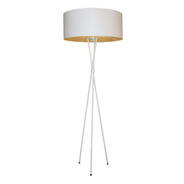 White tripod floor standing lamp with a white shade by Woodka Interiors 