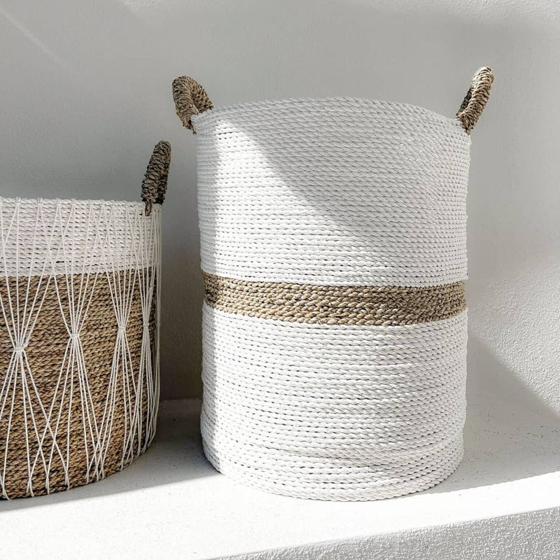 White and natural striped wicker basket with handles
