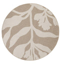 Close-up texture of botanical patterned round outdoor rug in neutral tones