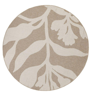Close-up texture of botanical patterned round outdoor rug in neutral tones