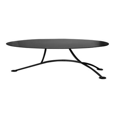 An oval coffee table with a black mild steel construction, featuring a sleek, contemporary design.