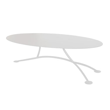 An oval coffee table with white mild steel construction, featuring a sleek, contemporary design. 