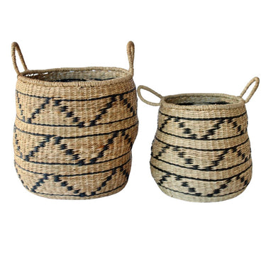 Handwoven baskets with a modern black and natural design.