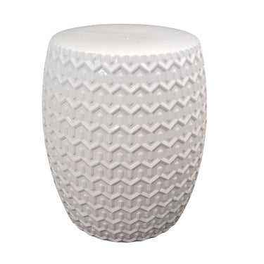 White ceramic garden stool in traditional barrel shape