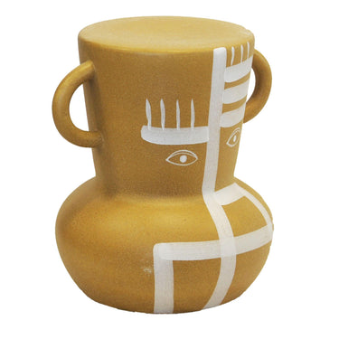 Abstract face ceramic stool in tan with white illustration