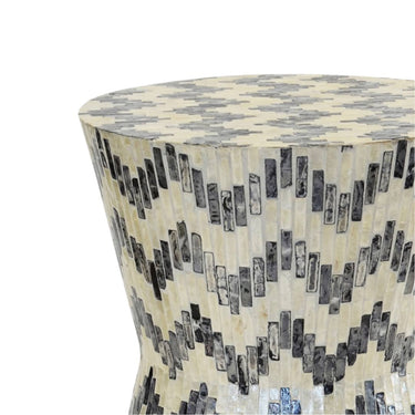 Black and white chevron side table with capiz shell finish and coastal shimmer