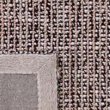 Close-up of a textured rug with a geometric pattern