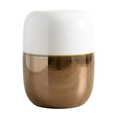 Small ceramic stool with white and bronze two-tone finish.