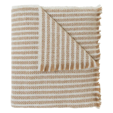 Celine throw blanket with stripes of cream and brown, featuring frayed edges.