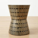 Amelia hourglass bamboo inlay side table with black and natural striped pattern.