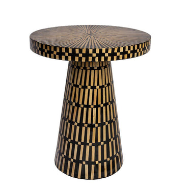 Close-up of the Amelia side table showing patterned inlay detail.