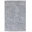 Reversible fully outdoor area rug in modern weather-resistant geometric pattern in triangles and lines in grey and off-white design.
