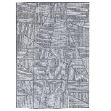 Reversible fully outdoor area rug in modern weather-resistant geometric pattern in triangles and lines in grey and off-white design.
