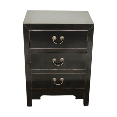 Angled side view of the black Arka Bedside Table, highlighting its elegant and durable elmwood construction