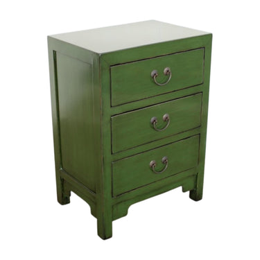 Angled side view of the green Arka Bedside Table showing elmwood texture and three storage drawers