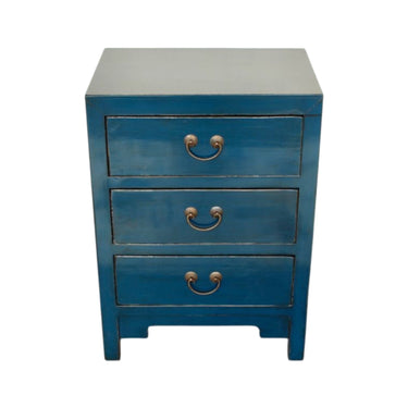 Blue Arka Bedside Table handcrafted from solid elmwood featuring three drawers.