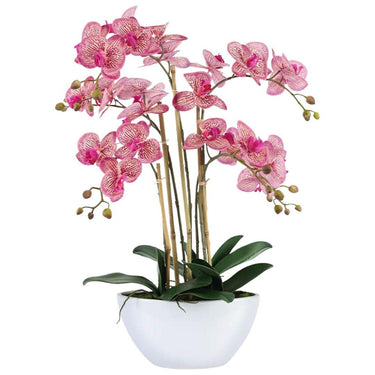 Artificial Pink Orchid with multiple stems in white vase