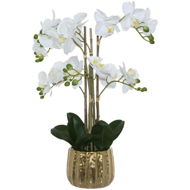 Exquisite artificial white orchid in gold ceramic pot